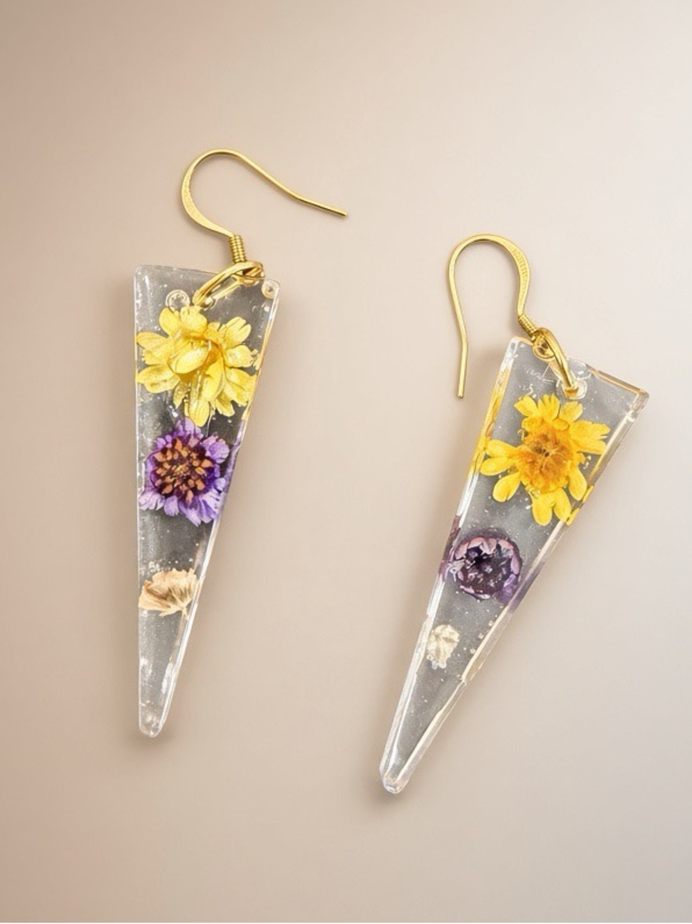 Yellow & Purple Botanical Resin Drop Earrings with Gold Hooks